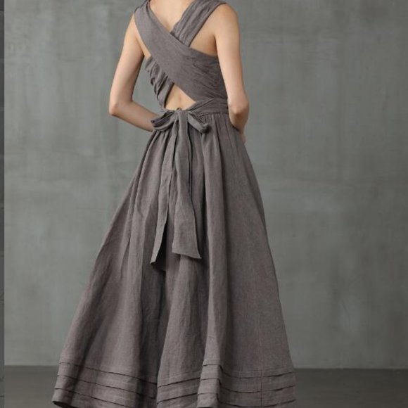 cross back linen dress maxi dress gray apron dress